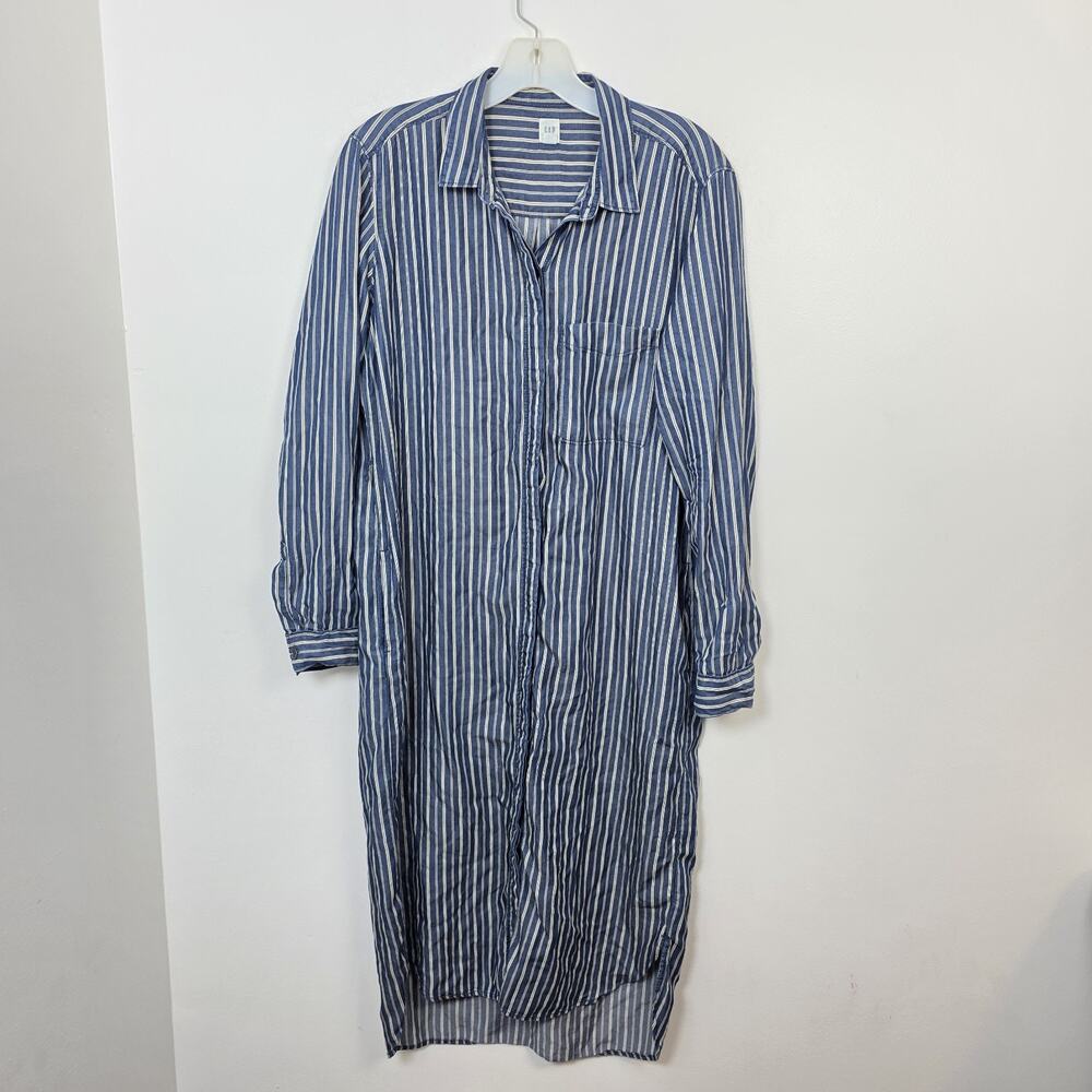 Gap Blue White Striped Lyocell Long‎ Sleeve Casual Midi Shirt Dress Size XS